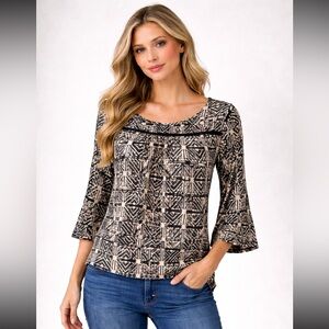 Lucky Brand Boho Tribal Print Bell Sleeve Top Black & Cream — Size XS